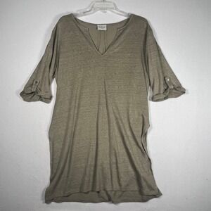 WRAP London Linen Tunic US 10 V-Neck 3/4 Sleeve Roll Tab‎ Side Split Olive Sage